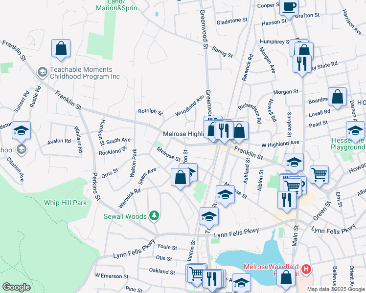 map of restaurants, bars, coffee shops, grocery stores, and more near 343 Vinton Street in Melrose