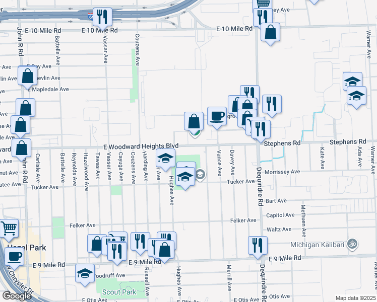 map of restaurants, bars, coffee shops, grocery stores, and more near 1470 East Woodward Heights Boulevard in Hazel Park