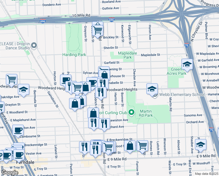 map of restaurants, bars, coffee shops, grocery stores, and more near 2637 McDowell Street in Ferndale