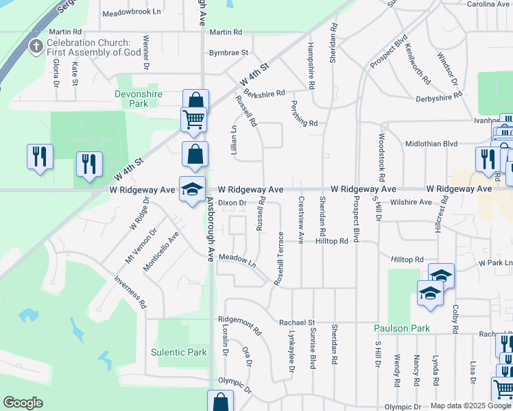 map of restaurants, bars, coffee shops, grocery stores, and more near 721 Russell Road in Waterloo