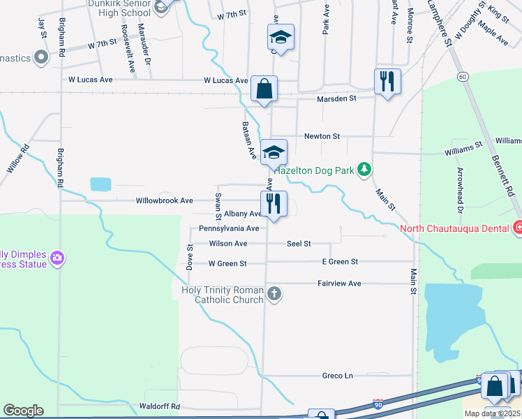 map of restaurants, bars, coffee shops, grocery stores, and more near 938 Central Avenue in Dunkirk