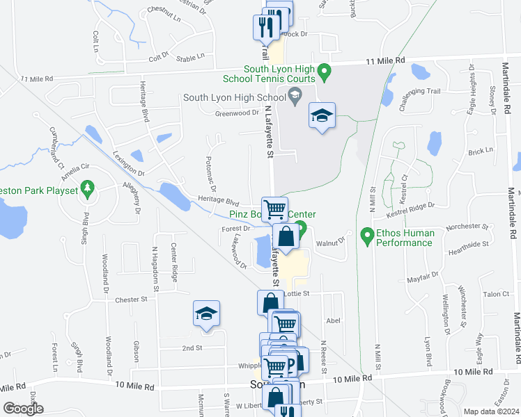 map of restaurants, bars, coffee shops, grocery stores, and more near 61041 Heritage Boulevard in South Lyon