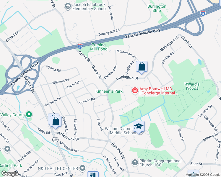 map of restaurants, bars, coffee shops, grocery stores, and more near 91 Burlington Street in Lexington