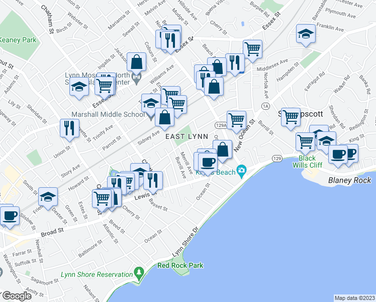 map of restaurants, bars, coffee shops, grocery stores, and more near 56 Wardwell Avenue in Lynn