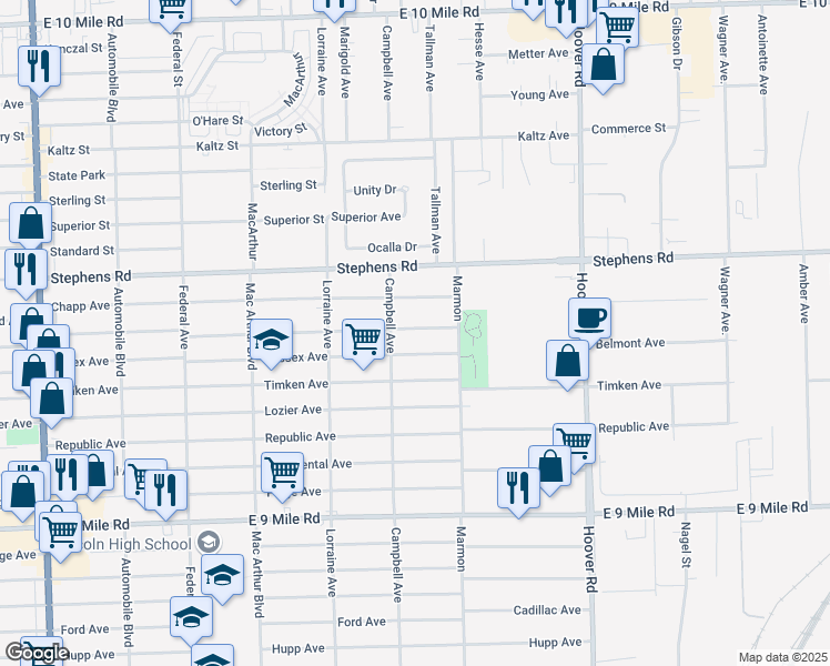 map of restaurants, bars, coffee shops, grocery stores, and more near 11252 Jewett Avenue in Warren