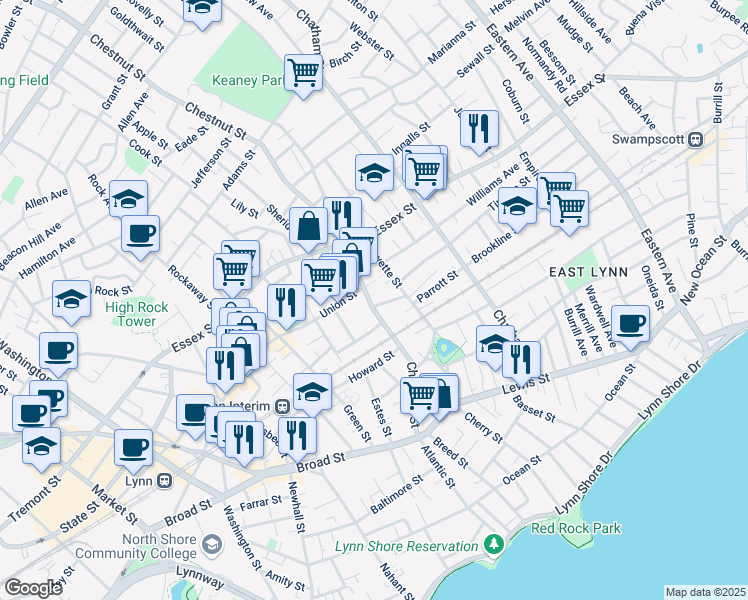 map of restaurants, bars, coffee shops, grocery stores, and more near 122-124 Chestnut Street in Lynn