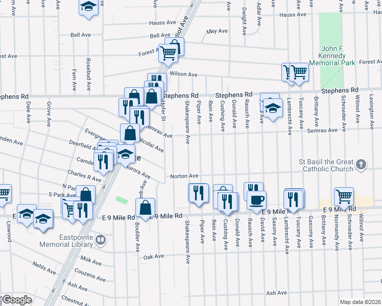 map of restaurants, bars, coffee shops, grocery stores, and more near 23100 Shakespeare Avenue in Eastpointe