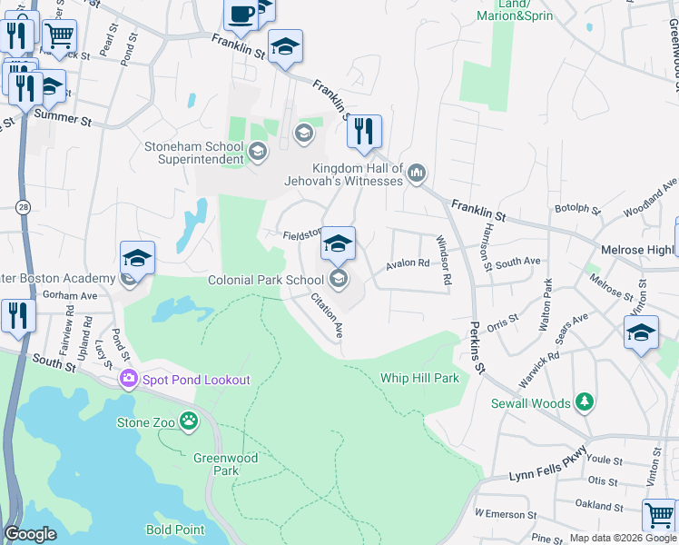 map of restaurants, bars, coffee shops, grocery stores, and more near 18 Citation Avenue in Stoneham