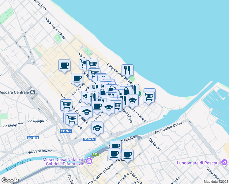 map of restaurants, bars, coffee shops, grocery stores, and more near 1 Via Lucania in Pescara