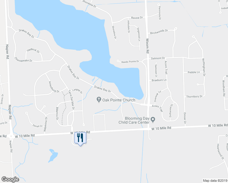 map of restaurants, bars, coffee shops, grocery stores, and more near 49950 Drakes Bay Drive in Novi