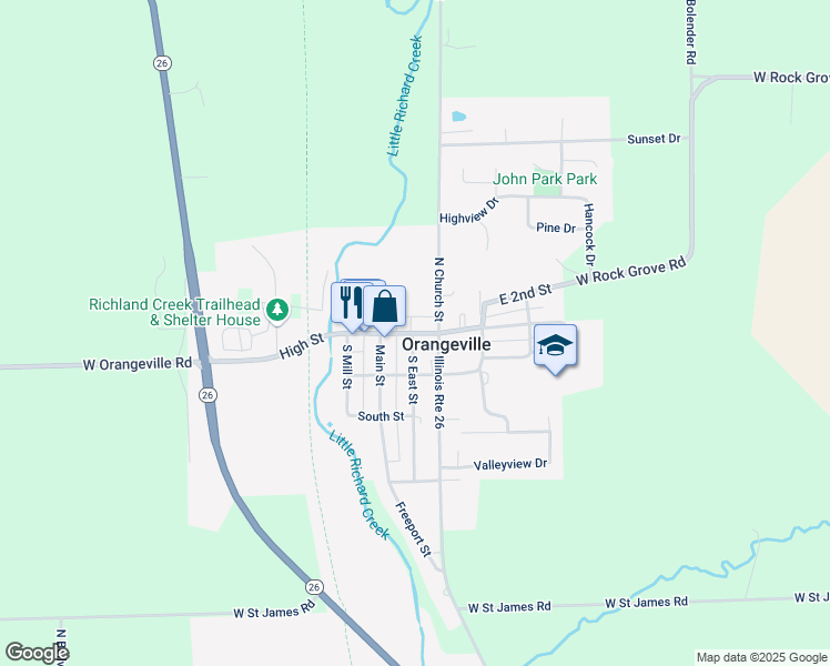 map of restaurants, bars, coffee shops, grocery stores, and more near 210 West High Street in Orangeville