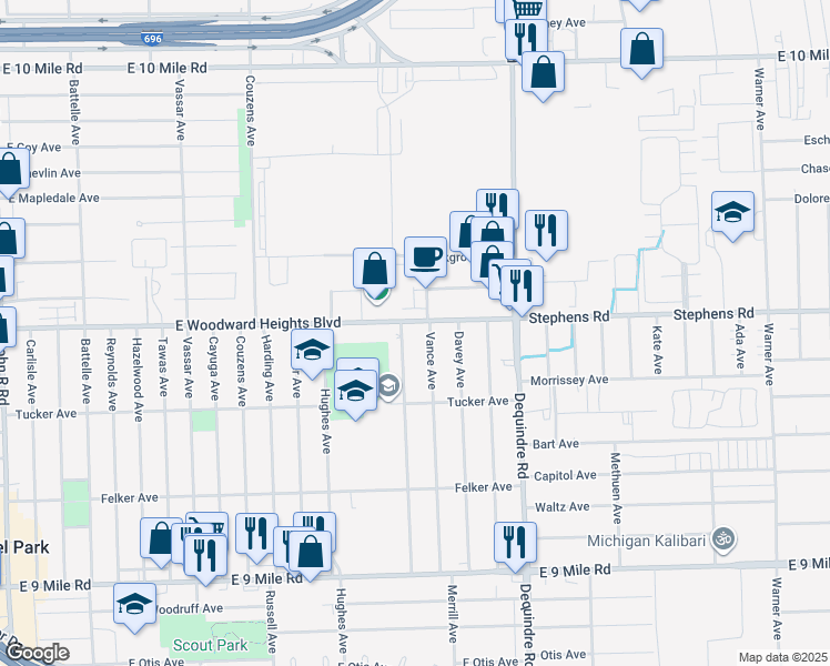 map of restaurants, bars, coffee shops, grocery stores, and more near 1640 East Woodward Heights Boulevard in Hazel Park