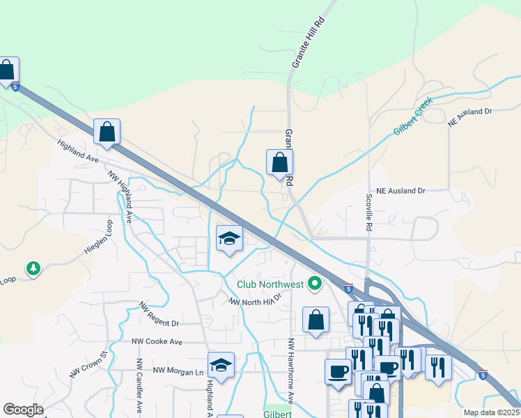 map of restaurants, bars, coffee shops, grocery stores, and more near Pacific Hwy in Grants Pass