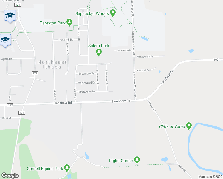 map of restaurants, bars, coffee shops, grocery stores, and more near 126 Birchwood Drive in Ithaca