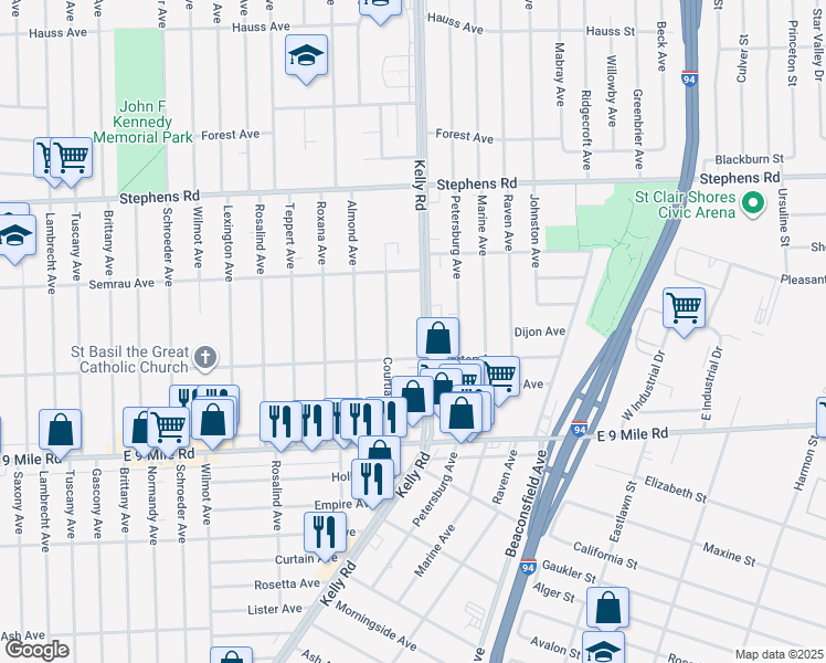 map of restaurants, bars, coffee shops, grocery stores, and more near 23005 Kelly Road in Eastpointe