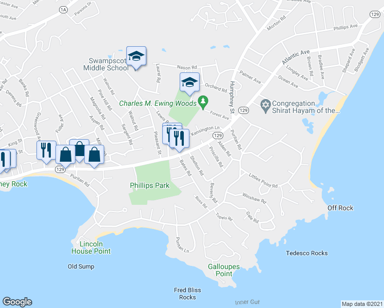 map of restaurants, bars, coffee shops, grocery stores, and more near 14 Shelton Road in Swampscott