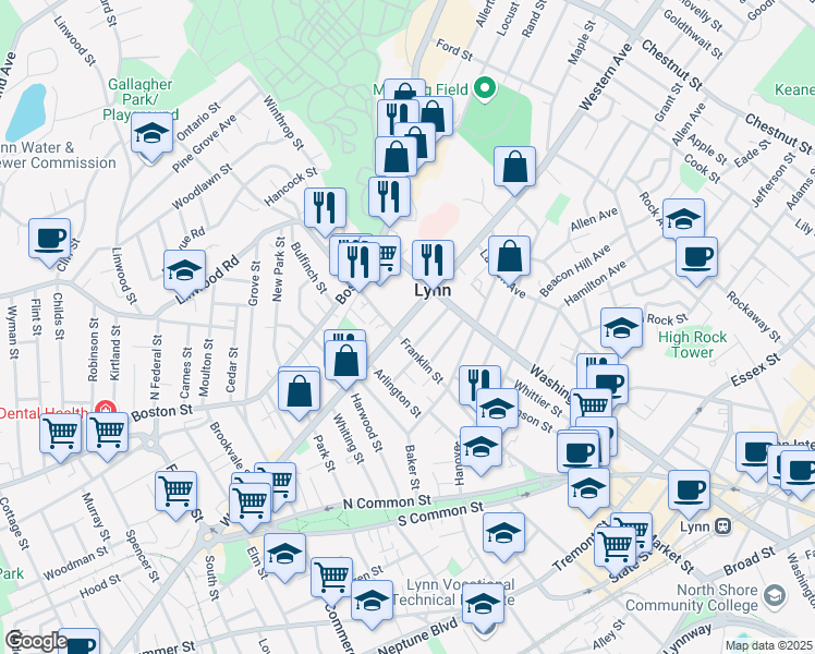 map of restaurants, bars, coffee shops, grocery stores, and more near 121 Franklin Street in Lynn