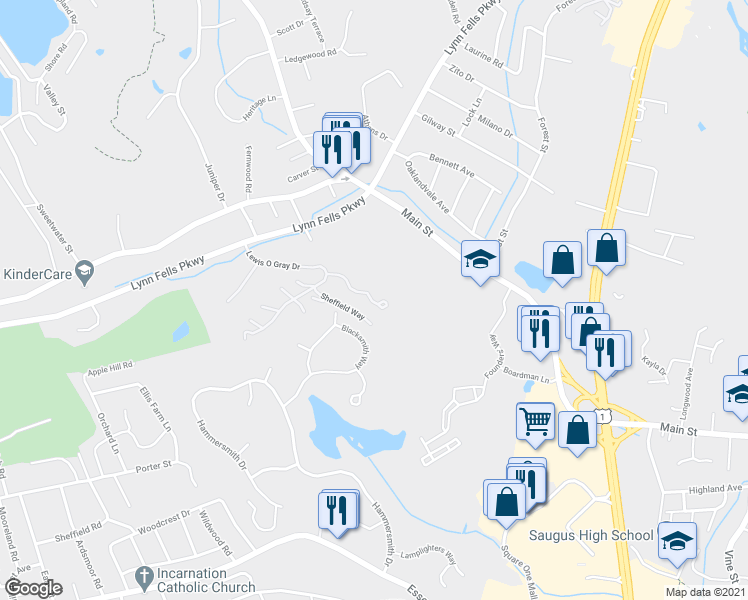 map of restaurants, bars, coffee shops, grocery stores, and more near 23 Blacksmith Way in Saugus