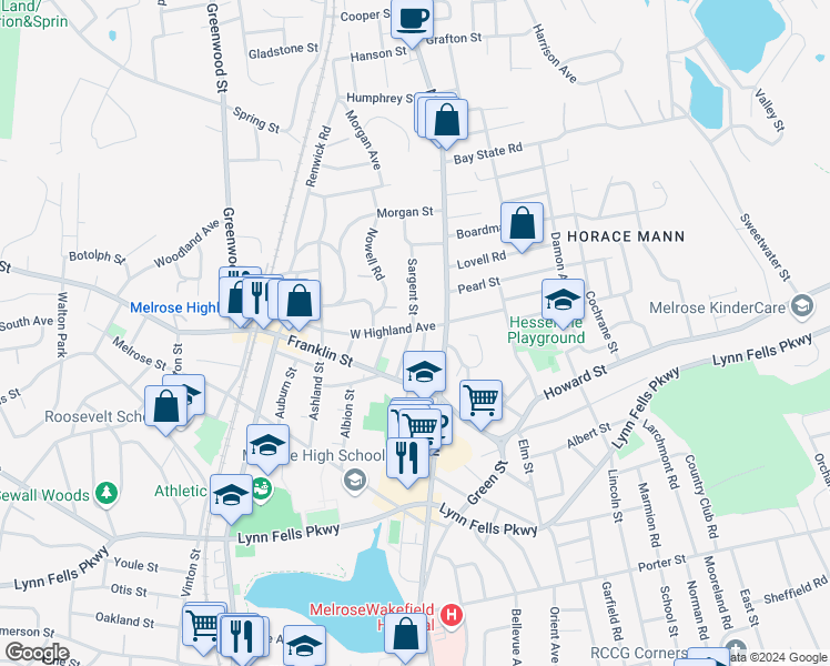 map of restaurants, bars, coffee shops, grocery stores, and more near 19 Sargent Street in Melrose