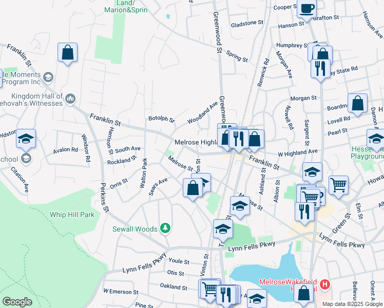 map of restaurants, bars, coffee shops, grocery stores, and more near 343 Vinton Street in Melrose