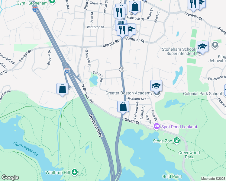 map of restaurants, bars, coffee shops, grocery stores, and more near 18 Mauriello Drive in Stoneham