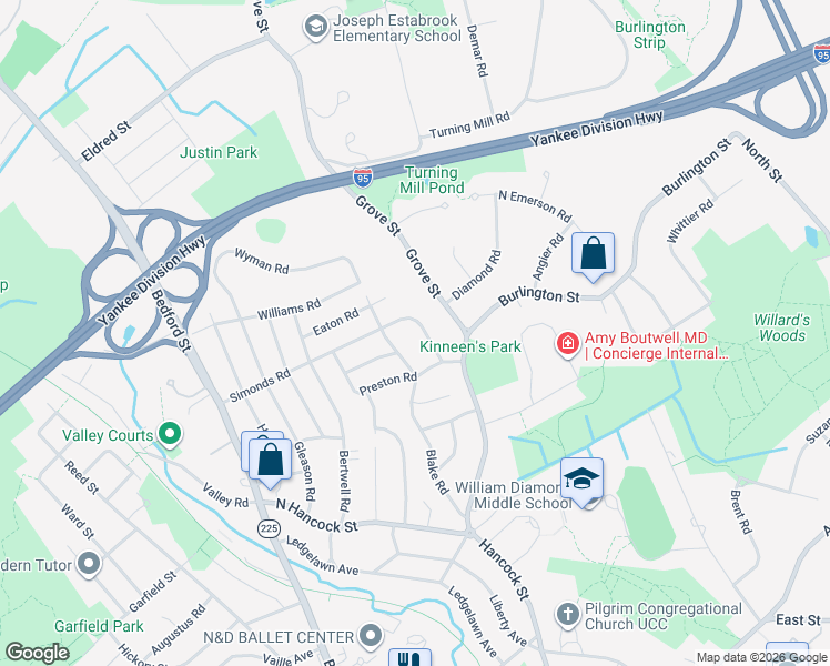 map of restaurants, bars, coffee shops, grocery stores, and more near 91 Blake Road in Lexington