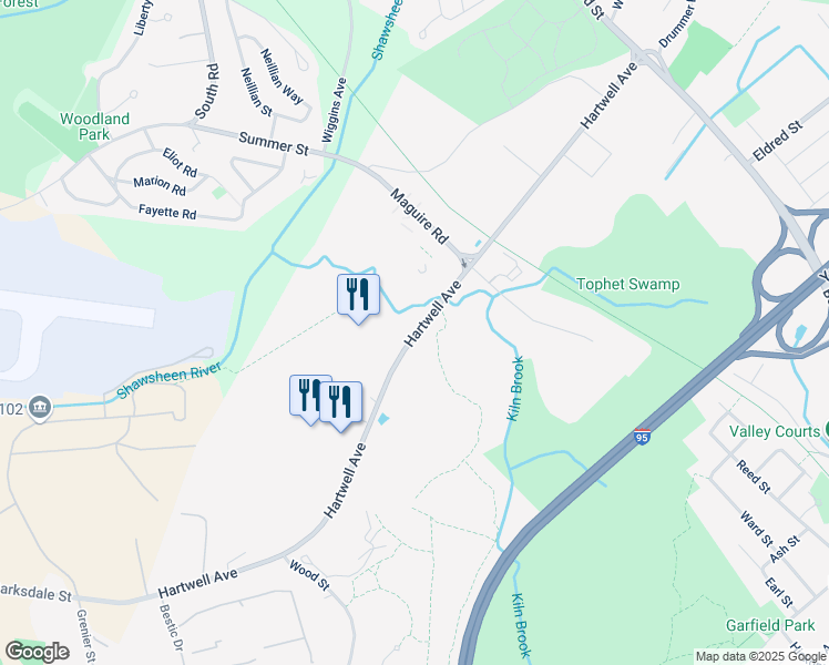 map of restaurants, bars, coffee shops, grocery stores, and more near 128 Hartwell Avenue in Lexington