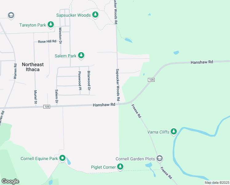 map of restaurants, bars, coffee shops, grocery stores, and more near 104 Sapsucker Woods Road in Ithaca
