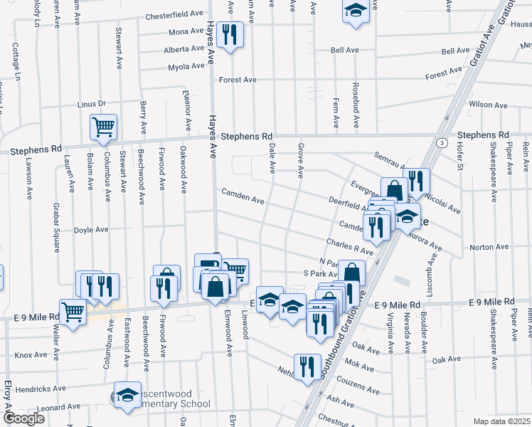map of restaurants, bars, coffee shops, grocery stores, and more near 15318 Charles R Avenue in Eastpointe
