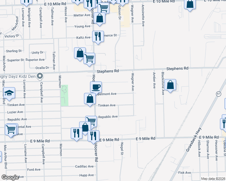 map of restaurants, bars, coffee shops, grocery stores, and more near 11838 Belmont Avenue in Warren