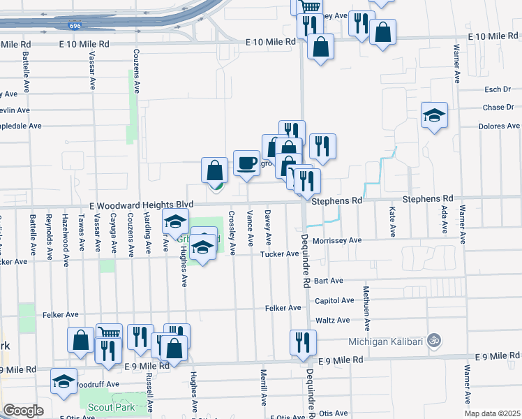 map of restaurants, bars, coffee shops, grocery stores, and more near 23784 Davey Avenue in Hazel Park