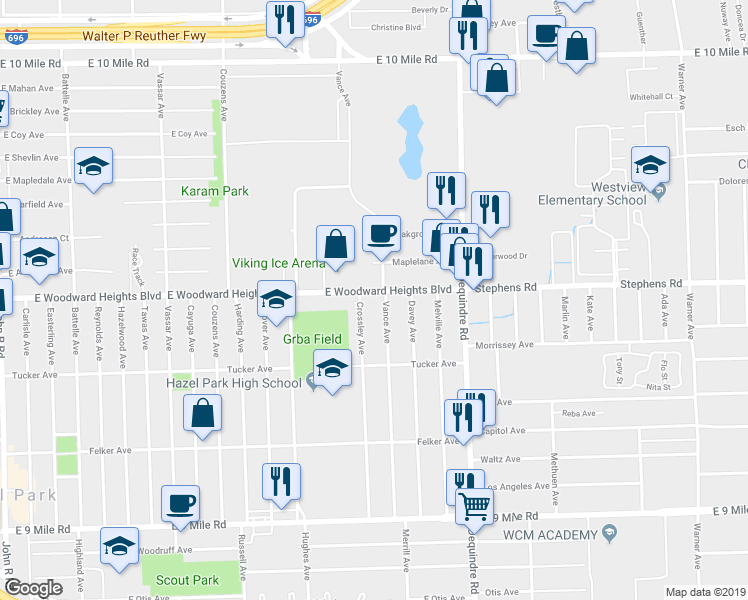 map of restaurants, bars, coffee shops, grocery stores, and more near 23807 Vance Avenue in Hazel Park