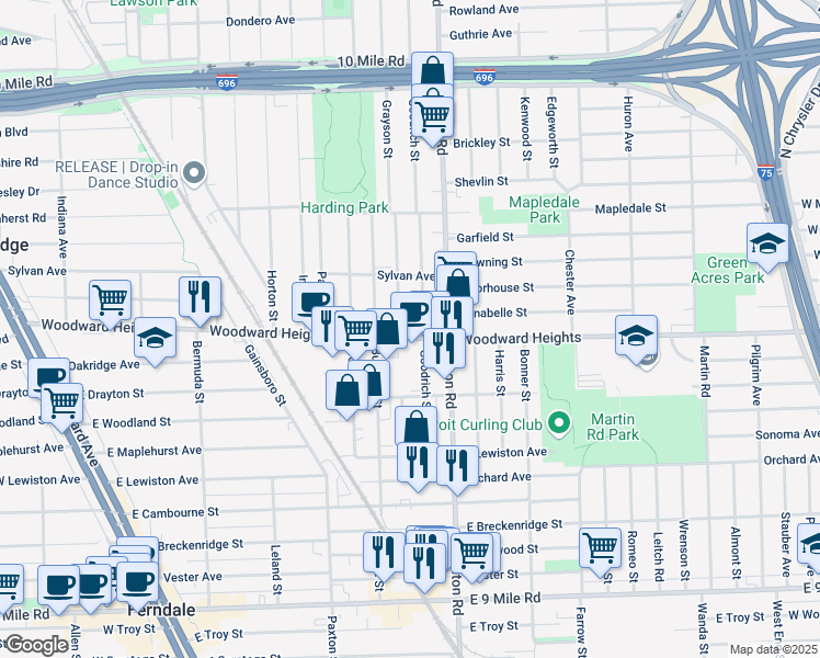 map of restaurants, bars, coffee shops, grocery stores, and more near 1100 Woodward Heights in Ferndale