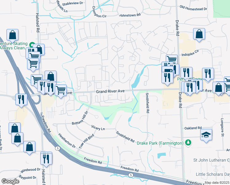 map of restaurants, bars, coffee shops, grocery stores, and more near 36221 Chatham Hills Apartment in Farmington