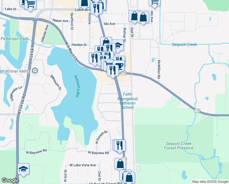 map of restaurants, bars, coffee shops, grocery stores, and more near 311 West Park Terrace in Antioch