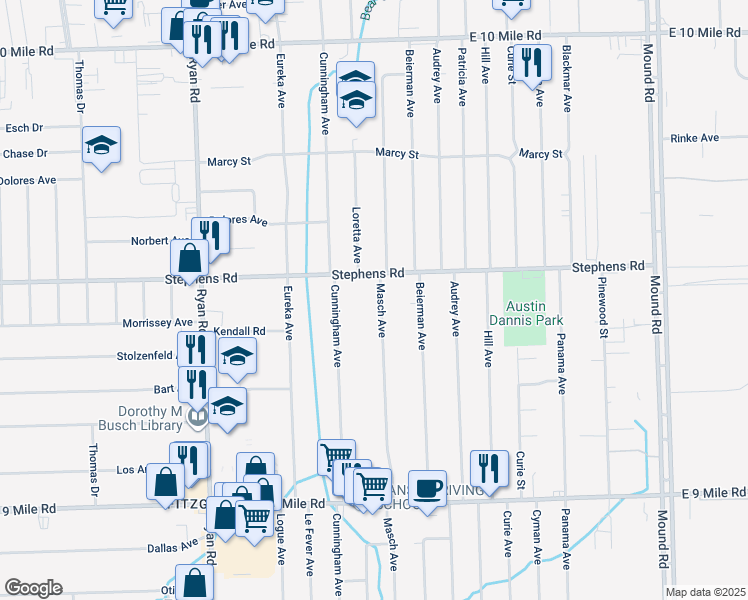 map of restaurants, bars, coffee shops, grocery stores, and more near 23891 Masch Avenue in Warren