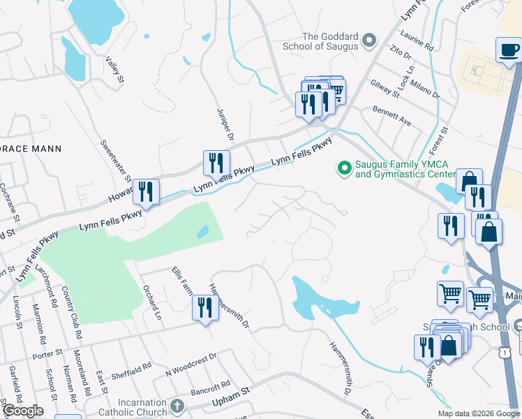 map of restaurants, bars, coffee shops, grocery stores, and more near 2304 Lewis O Gray Drive in Saugus