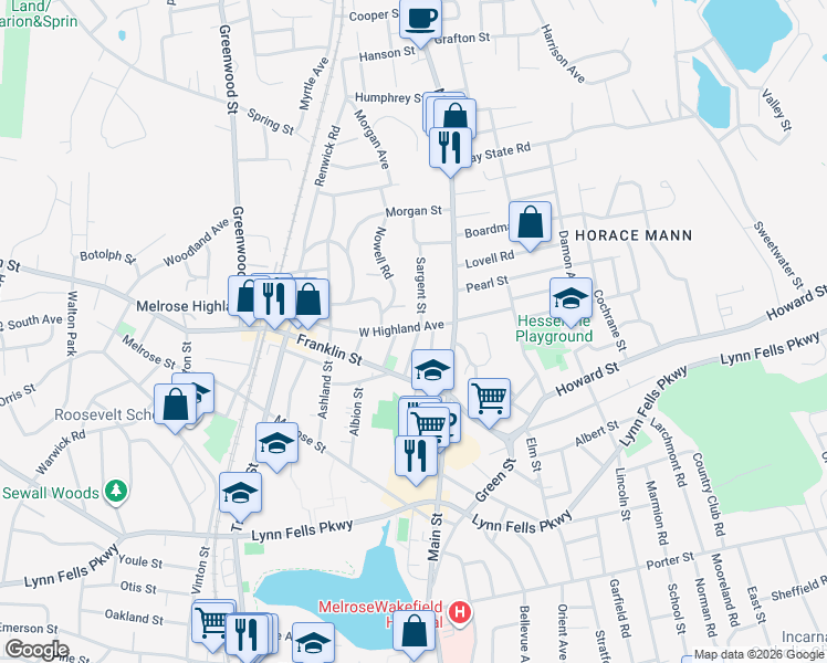 map of restaurants, bars, coffee shops, grocery stores, and more near 19 Sargent Street in Melrose