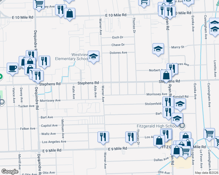 map of restaurants, bars, coffee shops, grocery stores, and more near 23808 Karen Avenue in Warren