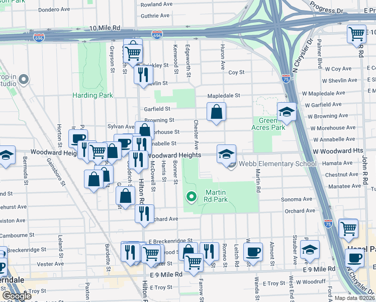 map of restaurants, bars, coffee shops, grocery stores, and more near 1730 Woodward Heights in Ferndale
