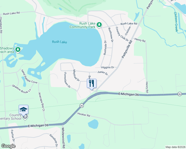 map of restaurants, bars, coffee shops, grocery stores, and more near 3527 Recreation in Pinckney