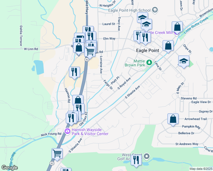map of restaurants, bars, coffee shops, grocery stores, and more near 155 Platt Place in Eagle Point