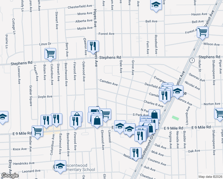 map of restaurants, bars, coffee shops, grocery stores, and more near 15145 North Park Avenue in Eastpointe