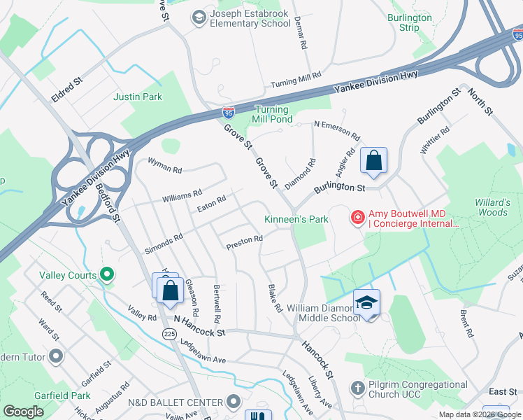 map of restaurants, bars, coffee shops, grocery stores, and more near 91 Blake Road in Lexington