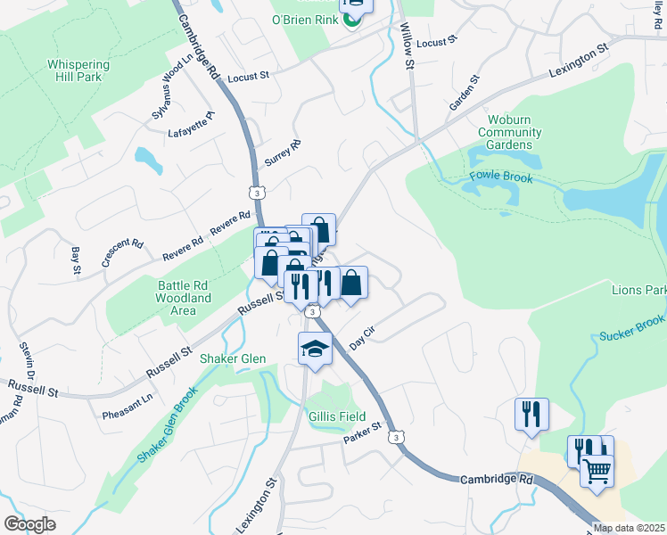 map of restaurants, bars, coffee shops, grocery stores, and more near in Woburn