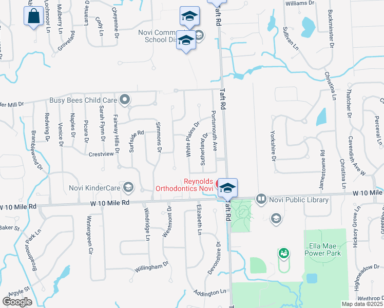 map of restaurants, bars, coffee shops, grocery stores, and more near 24810 White Plains Drive in Novi