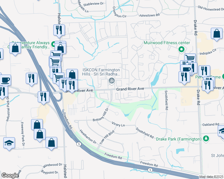 map of restaurants, bars, coffee shops, grocery stores, and more near 36681 Grand River Avenue in Farmington
