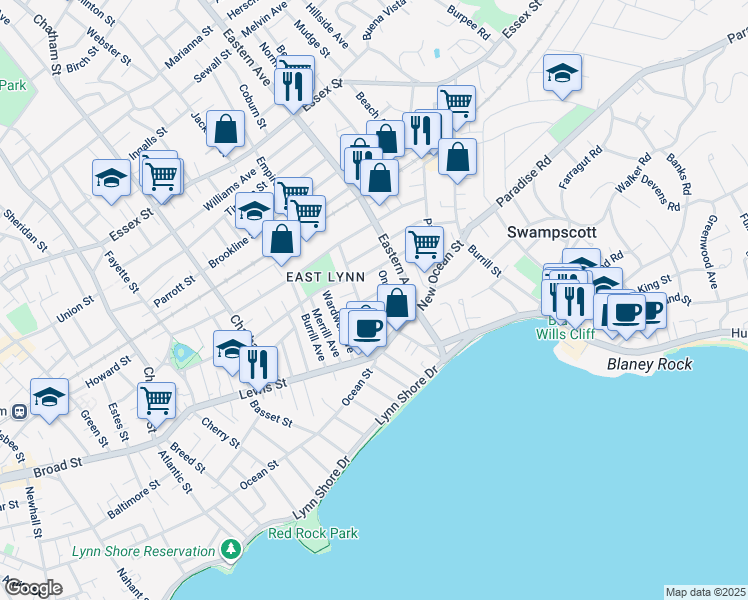 map of restaurants, bars, coffee shops, grocery stores, and more near 37 Oneida Street in Lynn
