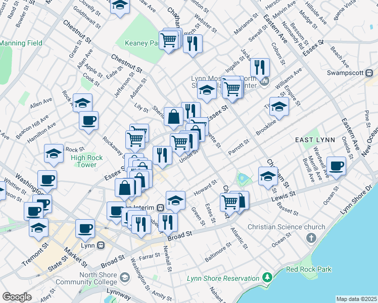 map of restaurants, bars, coffee shops, grocery stores, and more near 20 Lincoln Street in Lynn