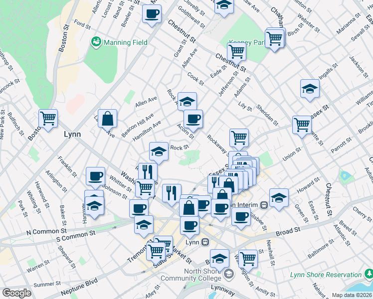 map of restaurants, bars, coffee shops, grocery stores, and more near 31 Acorn Street in Lynn